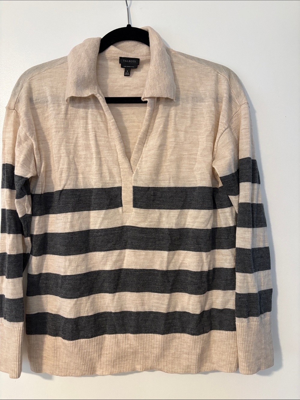 Talbots Merino Wool Cream and Charcoal Striped Open-Collar Sweater